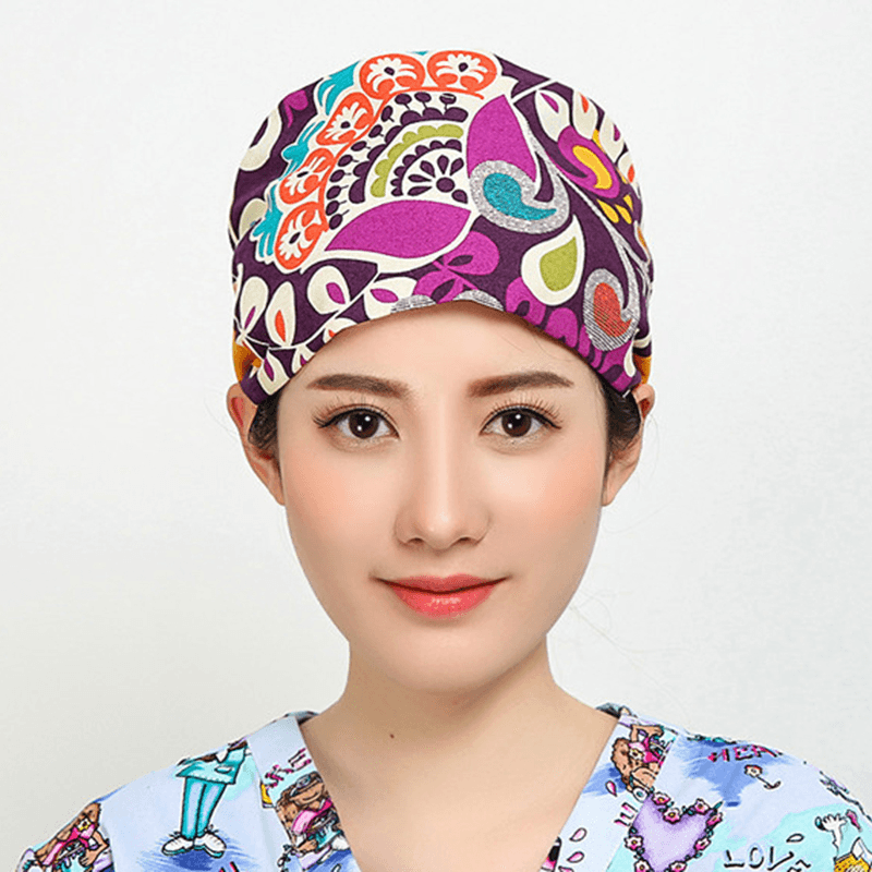 Women Flower Print Cotton Surgical Cap Doctor Nurse Work Hat - MRSLM