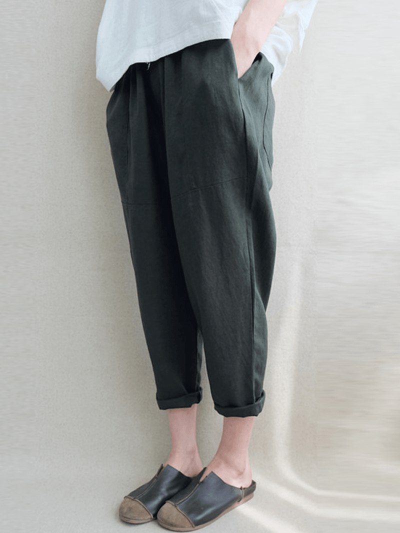 Women Vintage High Elastic Waist Solid Loose Cotton Harem Pants