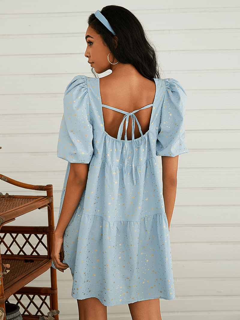 Women Star Print Square Neck Back Lace-Up Layered Short Sleeve Mini Dress