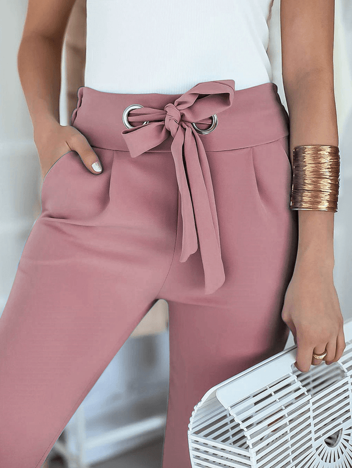 Women Solid Color Lace-Up Pleated Casual Regular Fit Pencil Pants