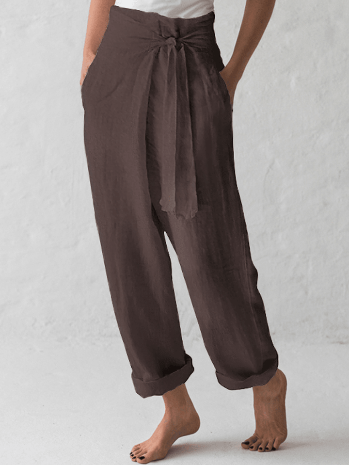 Women Cotton Belted High Waist Casual Wide Leg Harem Pants - MRSLM