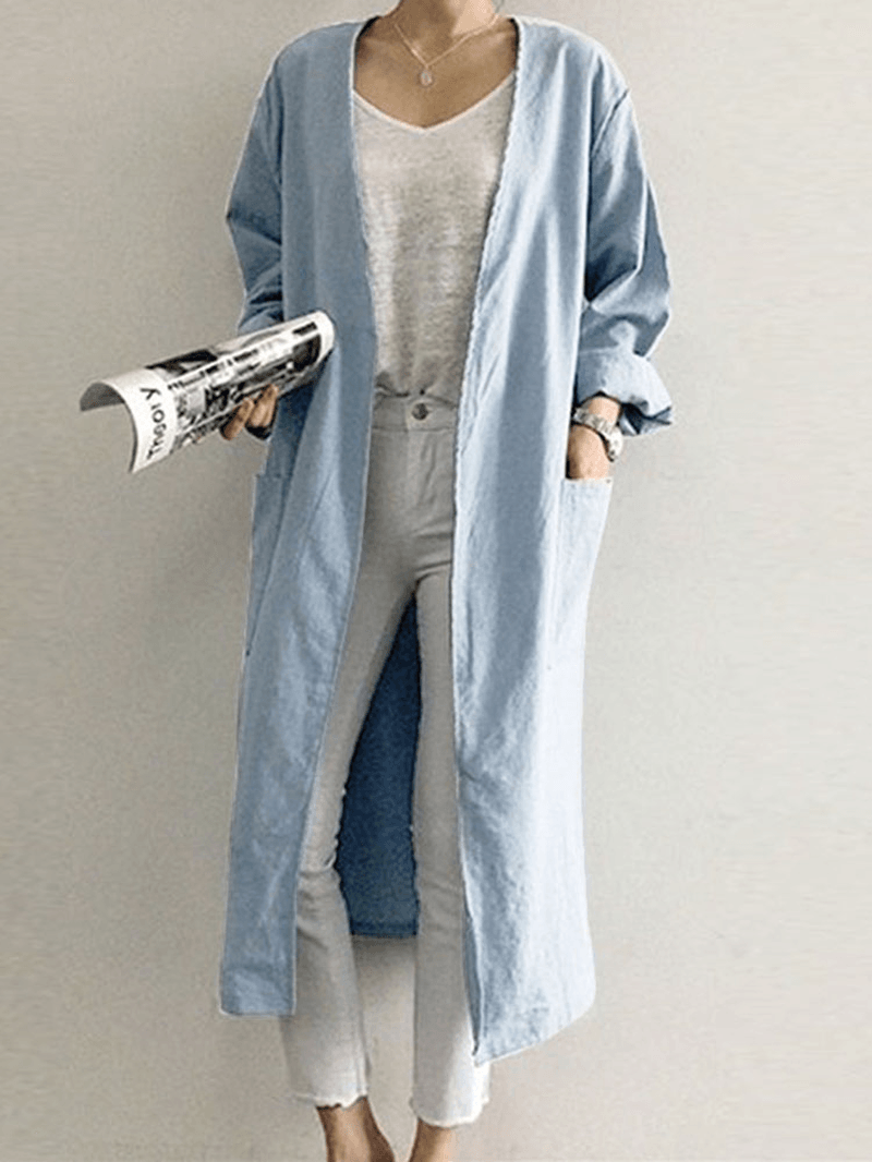 Retro Women Solid Color Casual Cotton Long Cardigans with Pockets - MRSLM