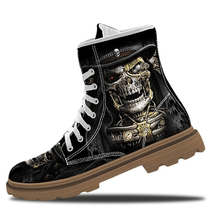 Men Leather Halloween Soft Sole Funny Skull Printing Lace up Casual Martin Ankle Boots