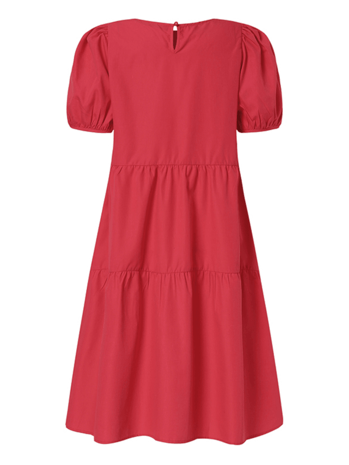 Women Solid Color Tiered round Neck Stitching Casual Short Sleeve Midi Dresses