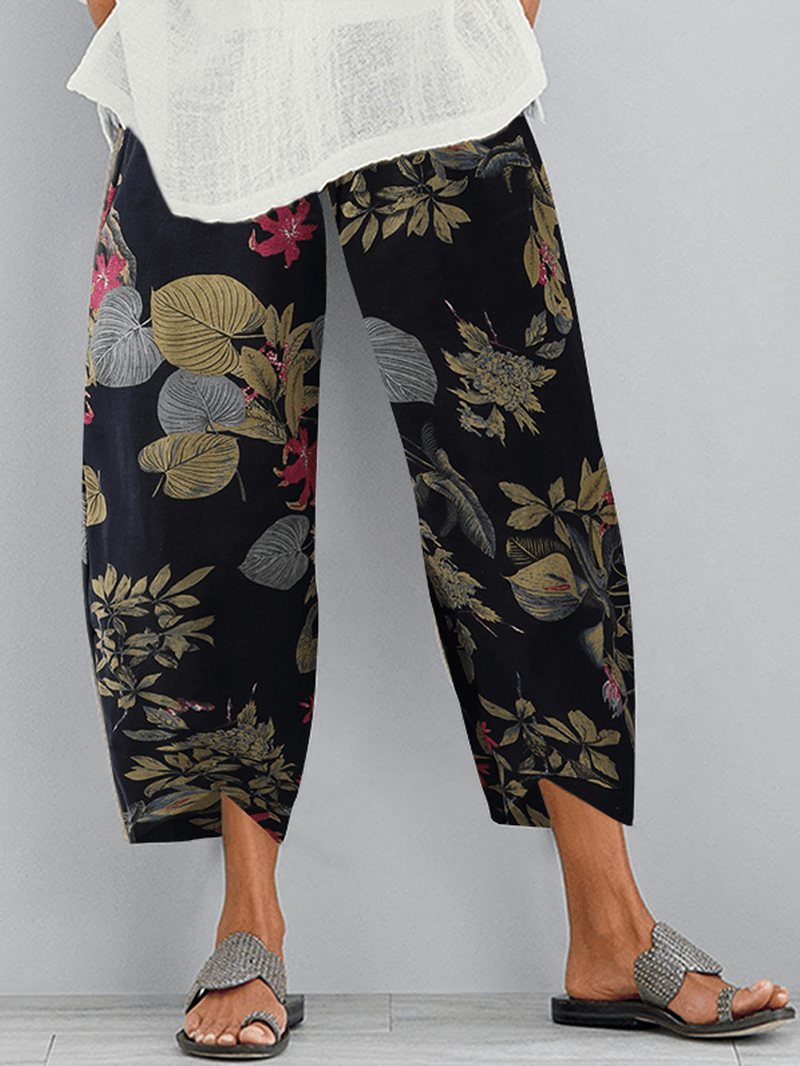 Retro Floral Print Elastic Waist Irregular Hem Pocket Casual Pants for Women - MRSLM