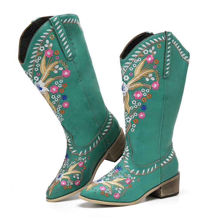 Women Leather Retro Floral Printing Wearable Comfy Slip on Chunky Heel Mid-Calf Cowboy Boots