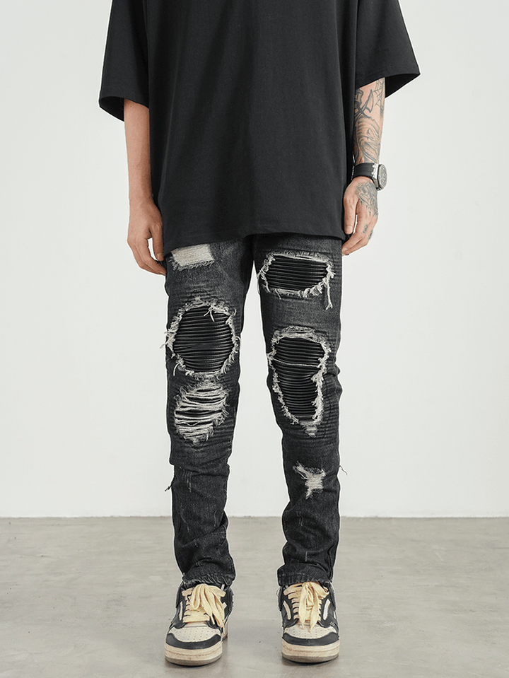 Men Ripped Patch PU and Leather Zipper Jeans