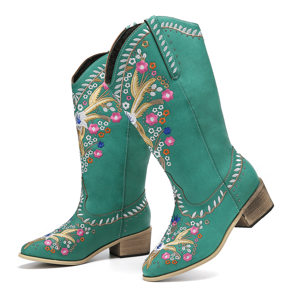 Women Leather Retro Floral Printing Wearable Comfy Slip on Chunky Heel Mid-Calf Cowboy Boots