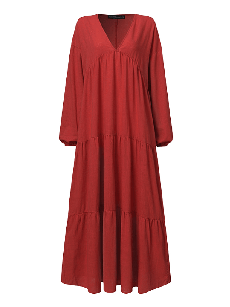 Women V-Neck Cotton Long Sleeve Puff Sleeve Maxi Dresses with Side Pockets - MRSLM