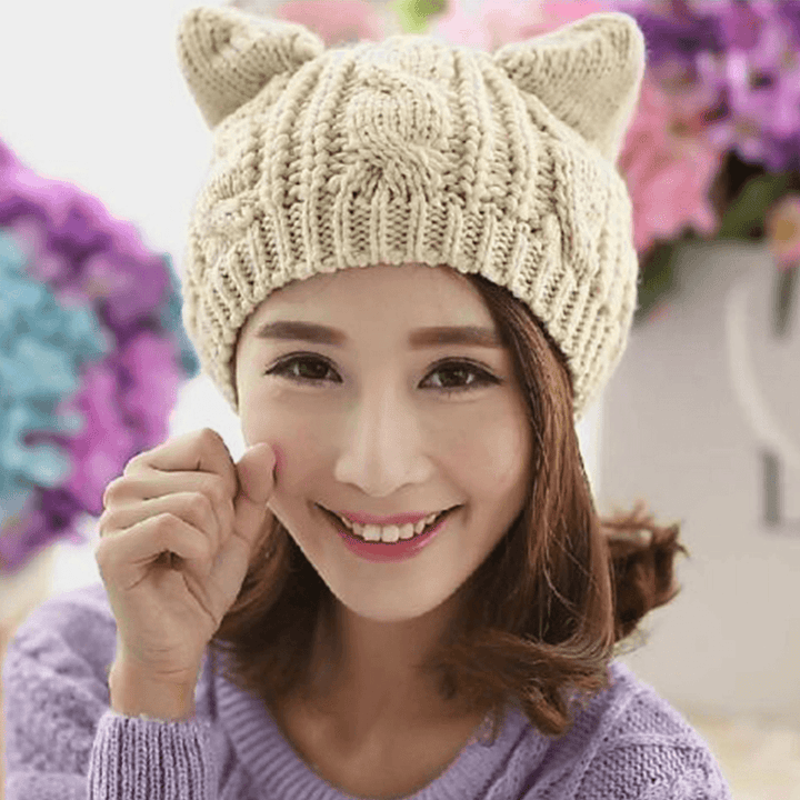 Unisex Woolen Warm Soft Cat Ear Decoration Casual Cute All-Match Couple Hat Knitted Hat - MRSLM