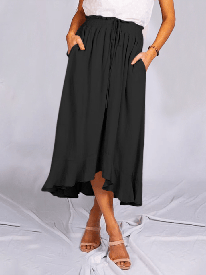 Women Solid Color Drawstring Shirred Waist Casual Skirts with Pocket