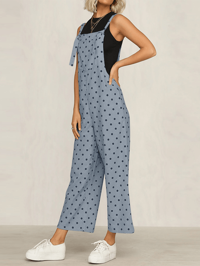 Casual Polka Dot Adjustable Strap Loose Wide Leg Jumpsuit with Pockets