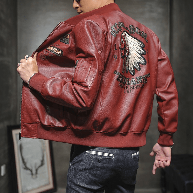 Men'S PU Leather Baseball Collar Embroidered Motorcycle Jacket