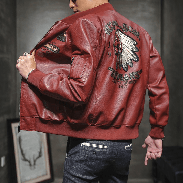 Men'S PU Leather Baseball Collar Embroidered Motorcycle Jacket