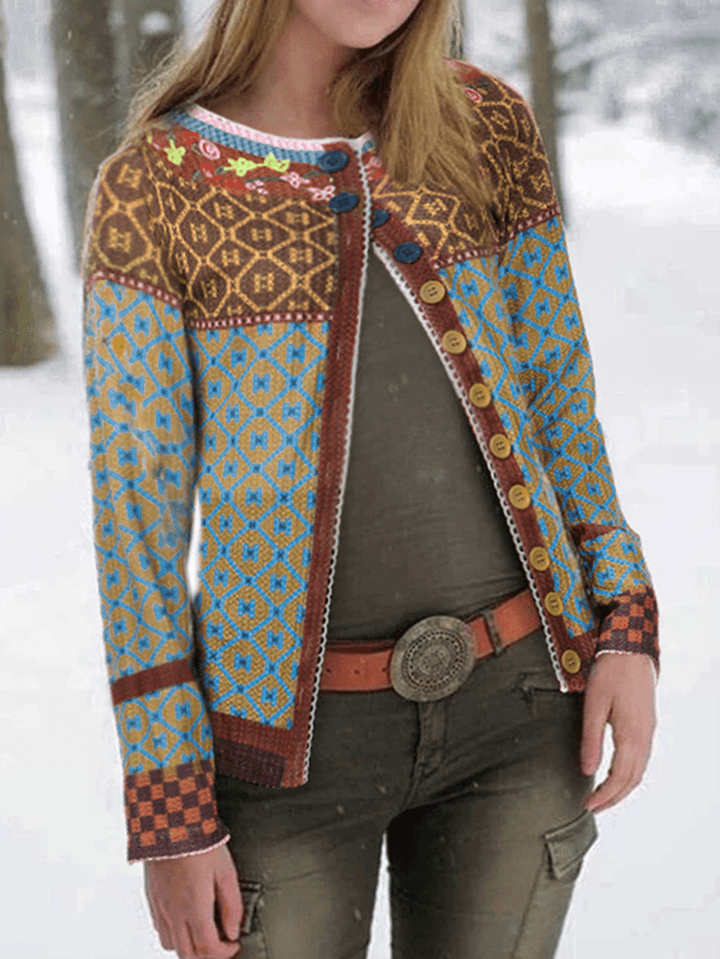 Ethnic Print Patchwork Long Sleeve Cardigans for Women