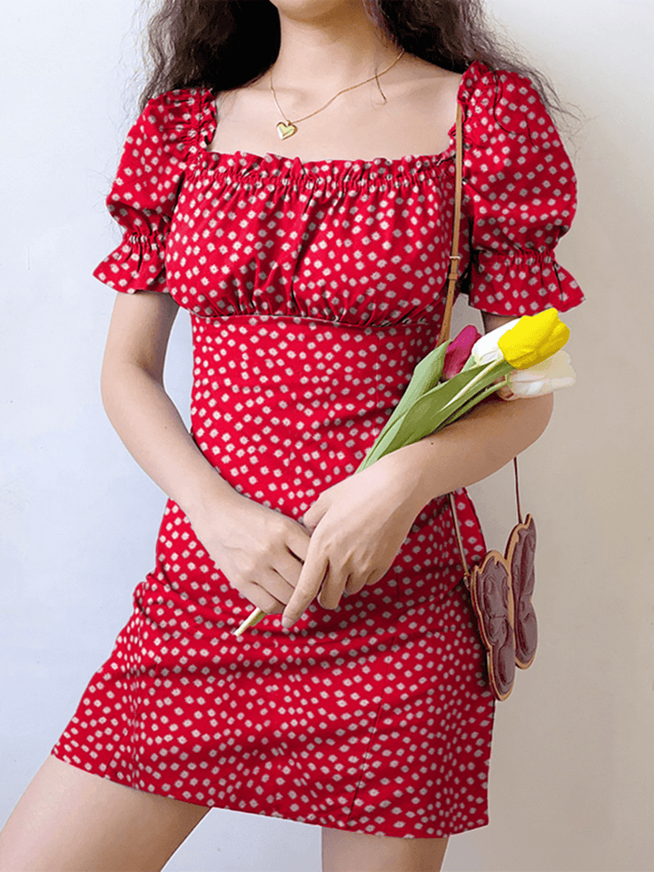 Floral Print Square Collar Pleating Short Sleeve Mini Dress