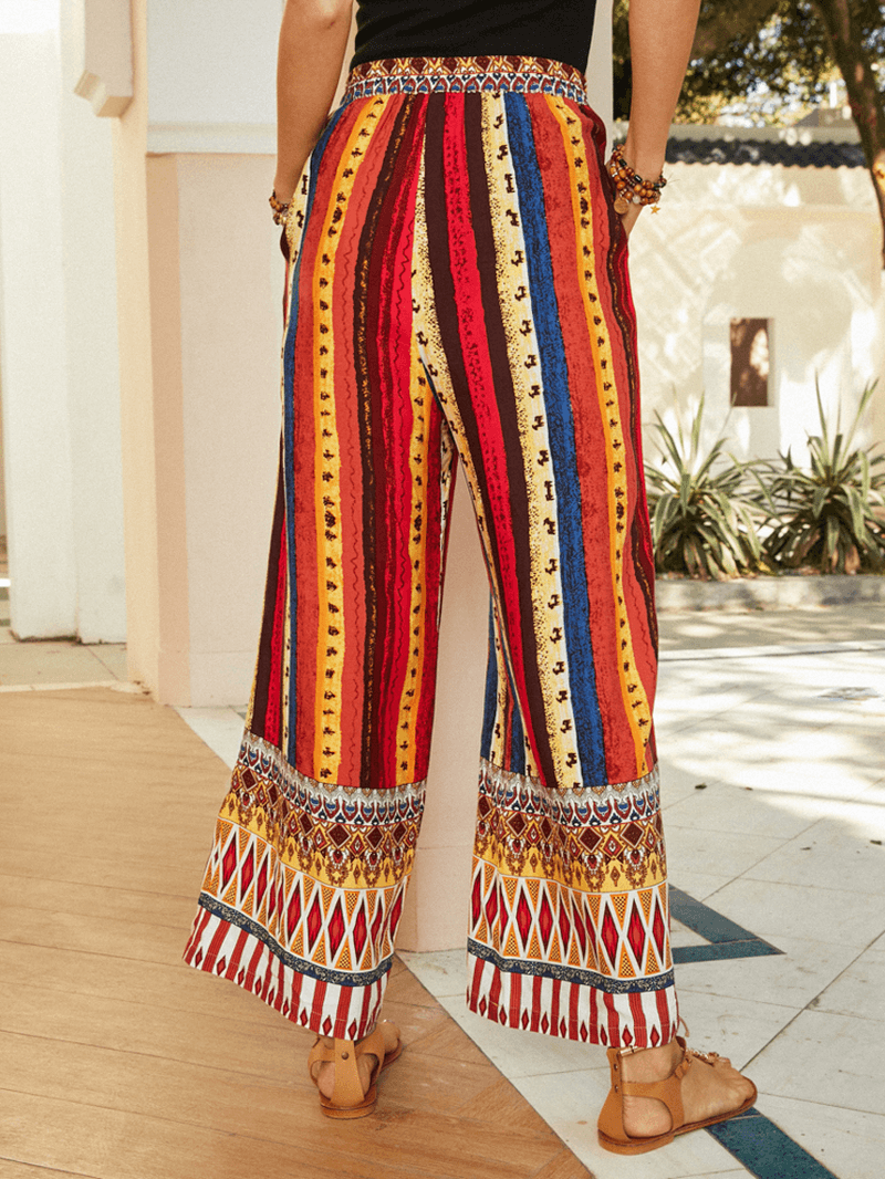 Women Colorful Ethnic Style Striped Print Loose Mid Waist Wide Leg Pants