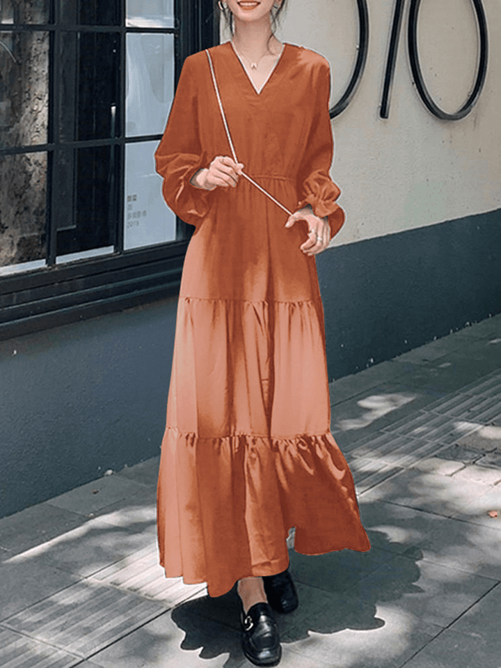 Women Solid Color Puff Sleeve V-Neck Big Swing Casual Maxi Layered Dress