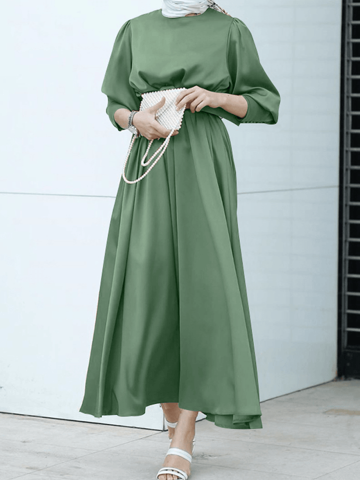 Women Pure Color Lace up Puff Sleeve Casual Kaftan Maxi Dresses