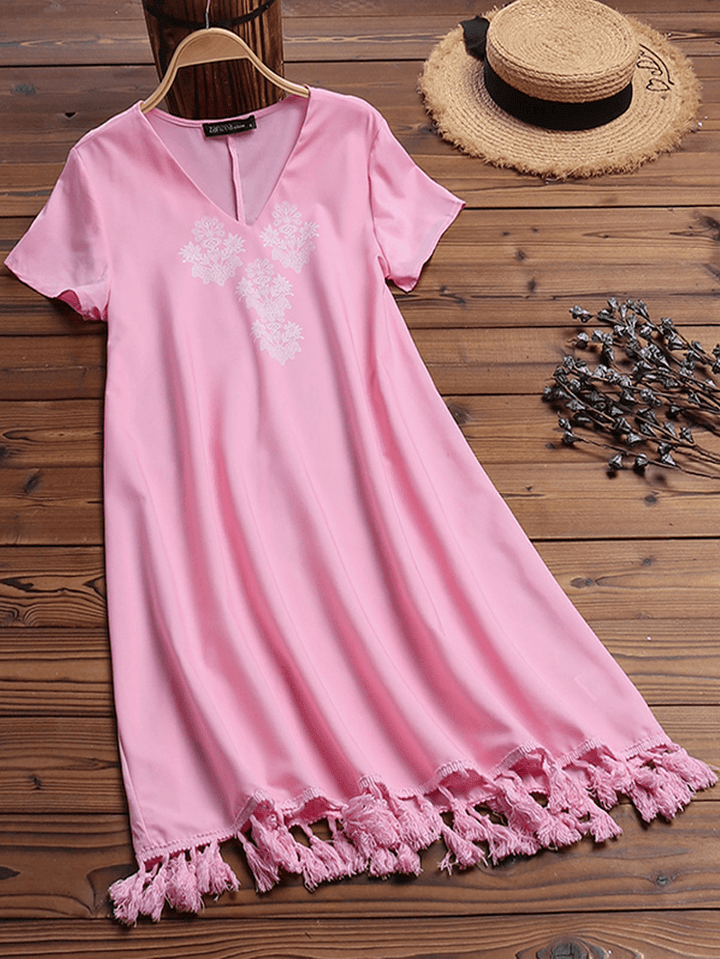 Women Short Sleeve Tassel Patchwork Casual Dress - MRSLM