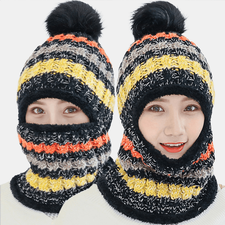 Women Wool One-Piece plus Velvet Thicken Warm Windproof Neck Face Protection Riding Knitted Hat Baseball Hat - MRSLM