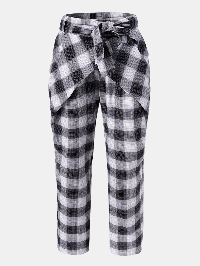 Plaid Print Knotted Pocket High Waist Loose Casual Pants for Women