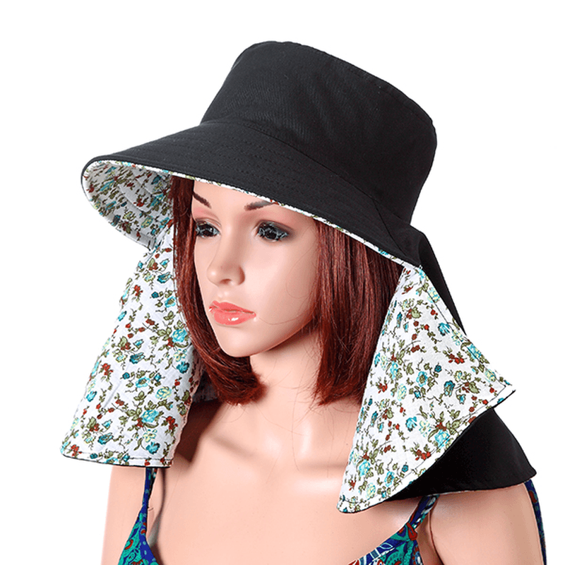 Women Face Neck Protection Wide Brim Beach Hat Double-Side Flower Print Outdoor Gardening Caps - MRSLM