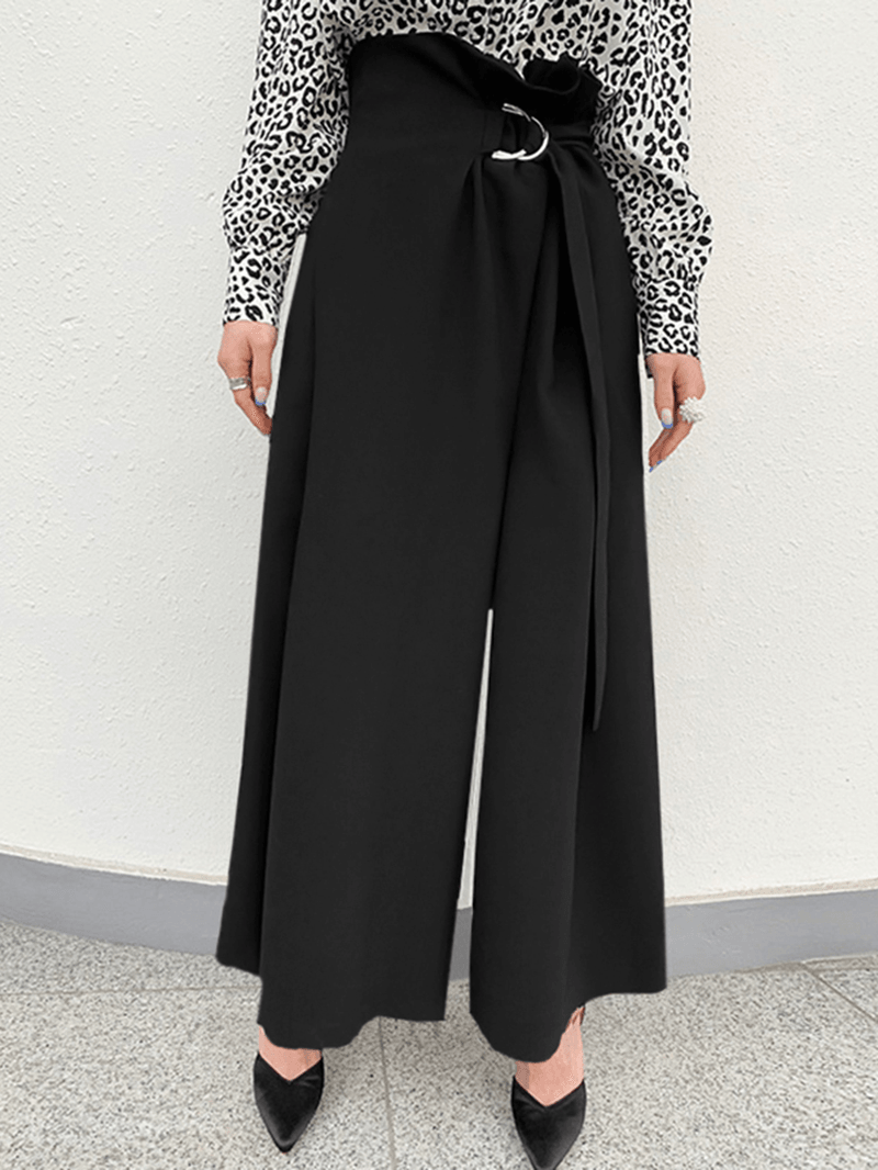 Women Solid Pleats Spliced Wide-Legged Floor Maxi Length Casual Pants - MRSLM