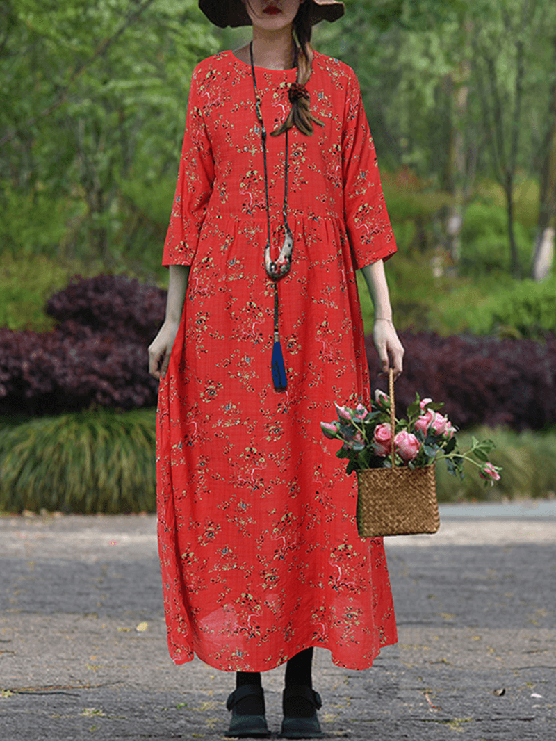 Women Vintage Flowers Print O-Neck 3/4 Sleeve Casual Holiday Maxi Dress