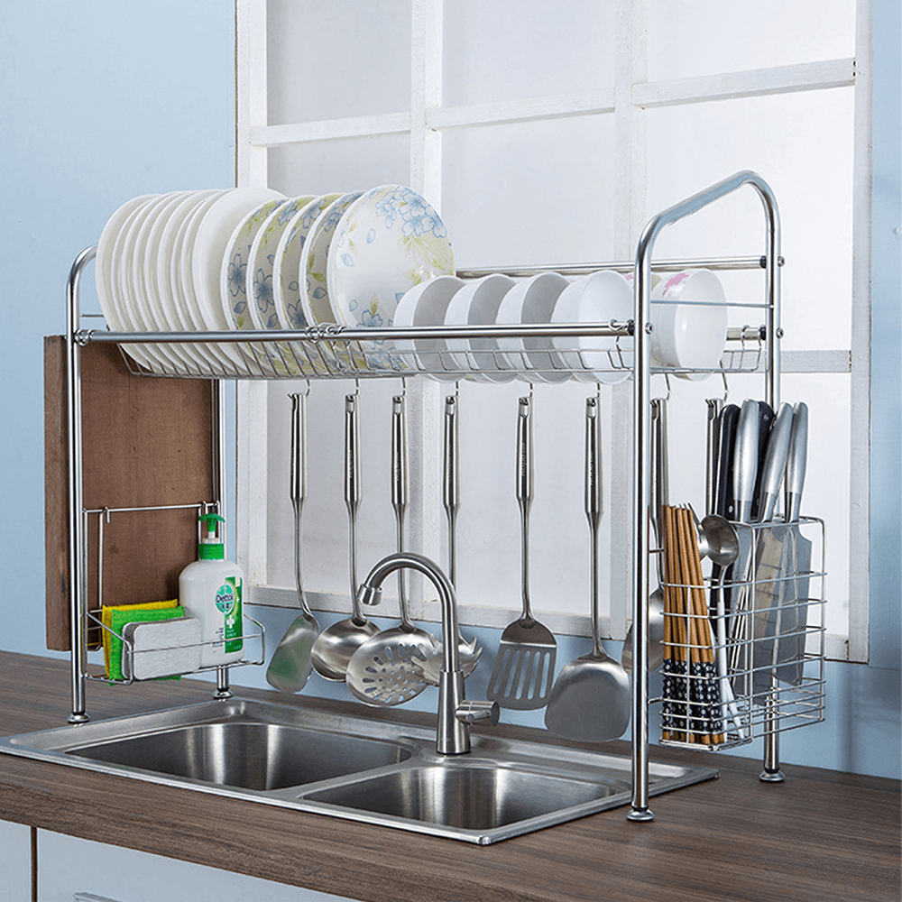 1/2 Layer Tier Stainless Steel Dish Drainer Cutlery Holder Rack Drip Tray Kitchen Tool for Single Sink