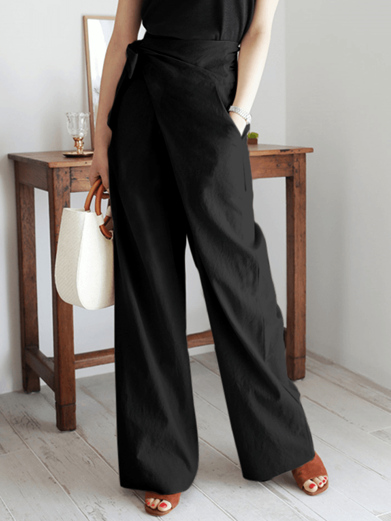 Women's Asymmetrical Bandage Design Wide Leg Pants - Solid Color, Breathable Fabric