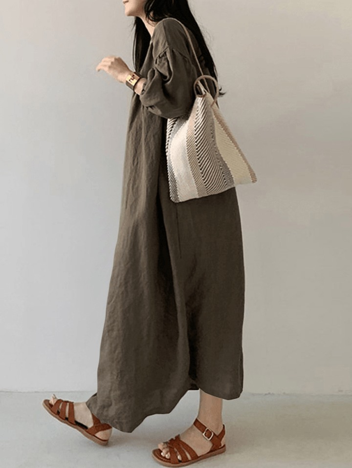 Women Cotton Solid Pleated Loose Puff Sleeve Maxi Dresses with Side Pockets