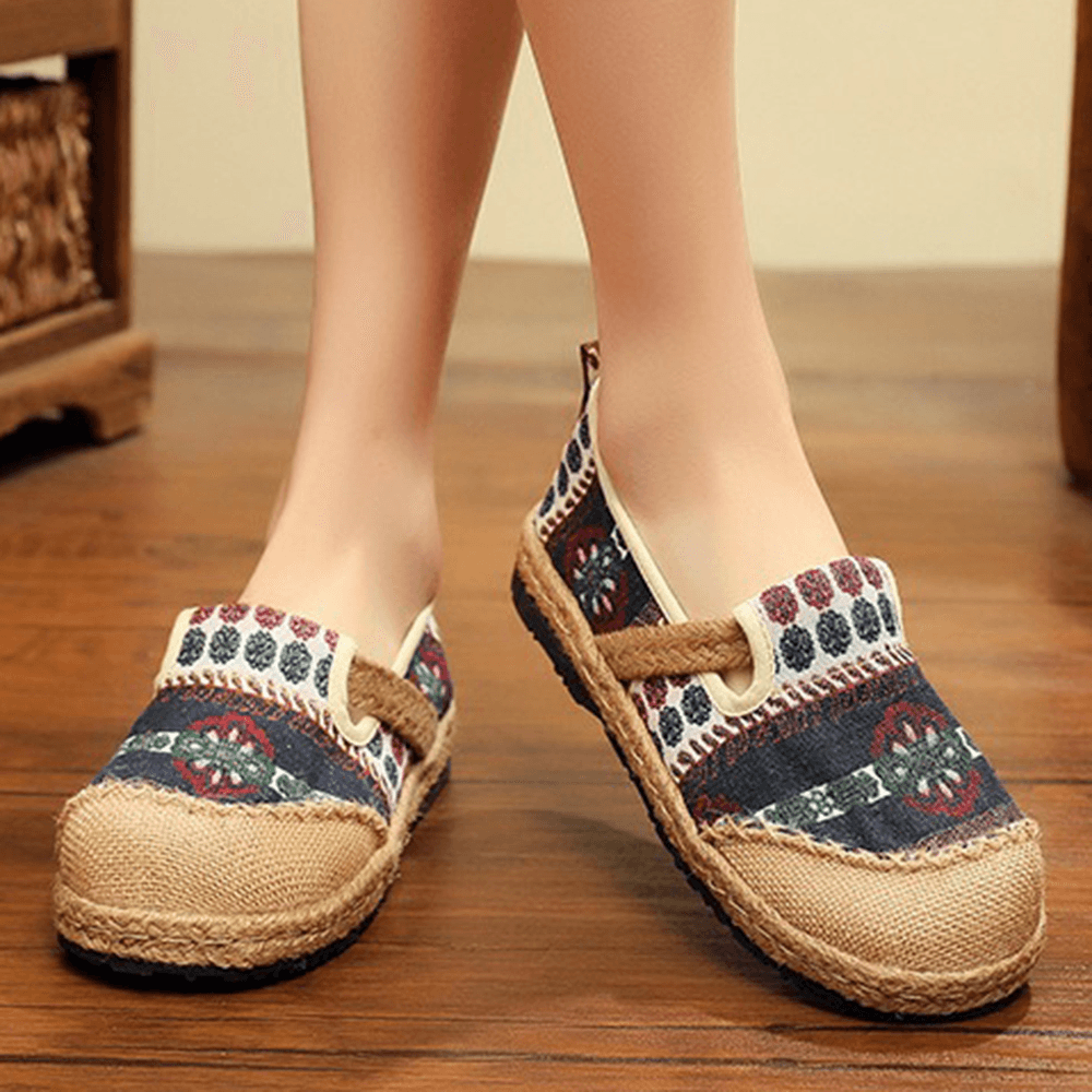 Women Linen Straw Pattern Casual Slip on Espadrille Flat Loafers