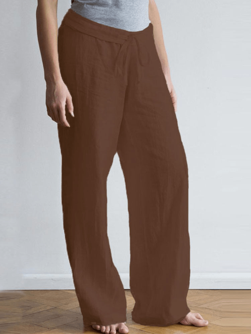 Women Elastic Waist Pockets Long Cotton Wide Leg Pants