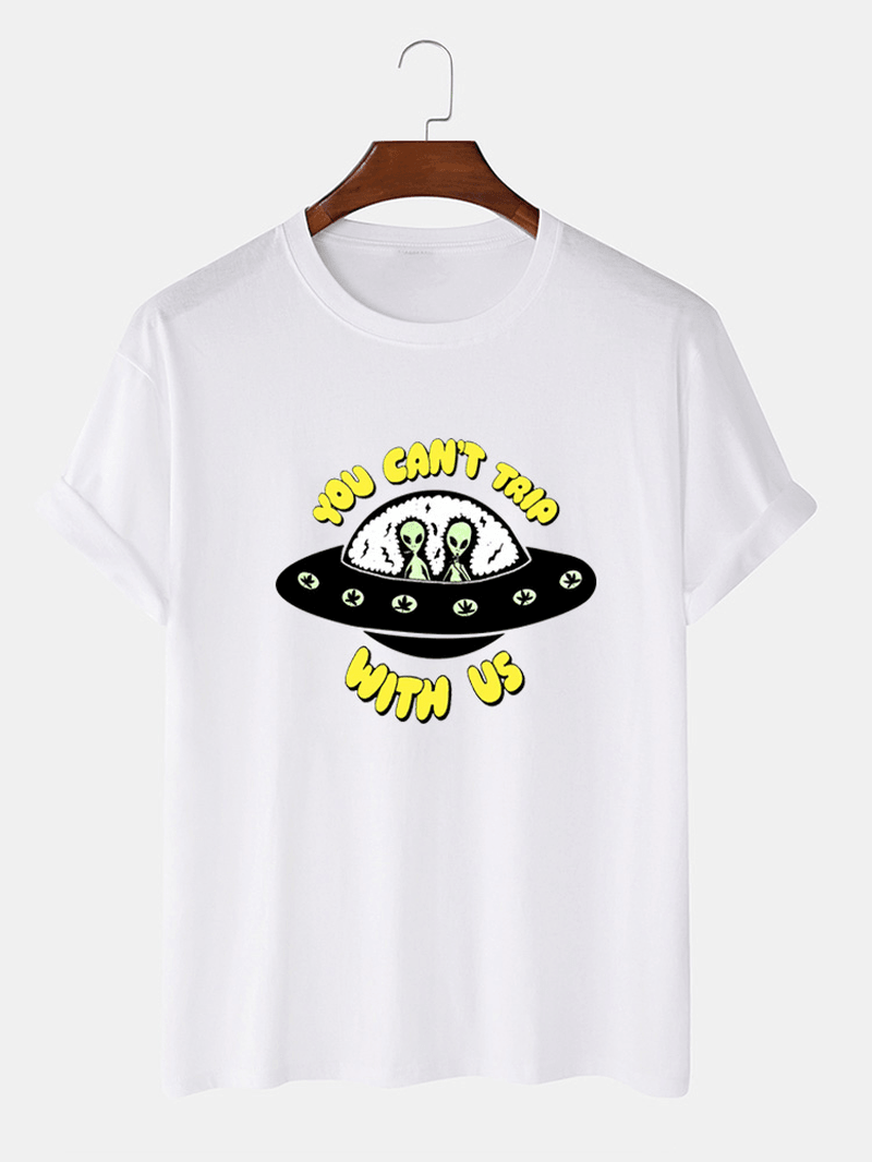 100% Cotton Cartoon UFO & Letter Print Short Sleeve Casual T-Shirts