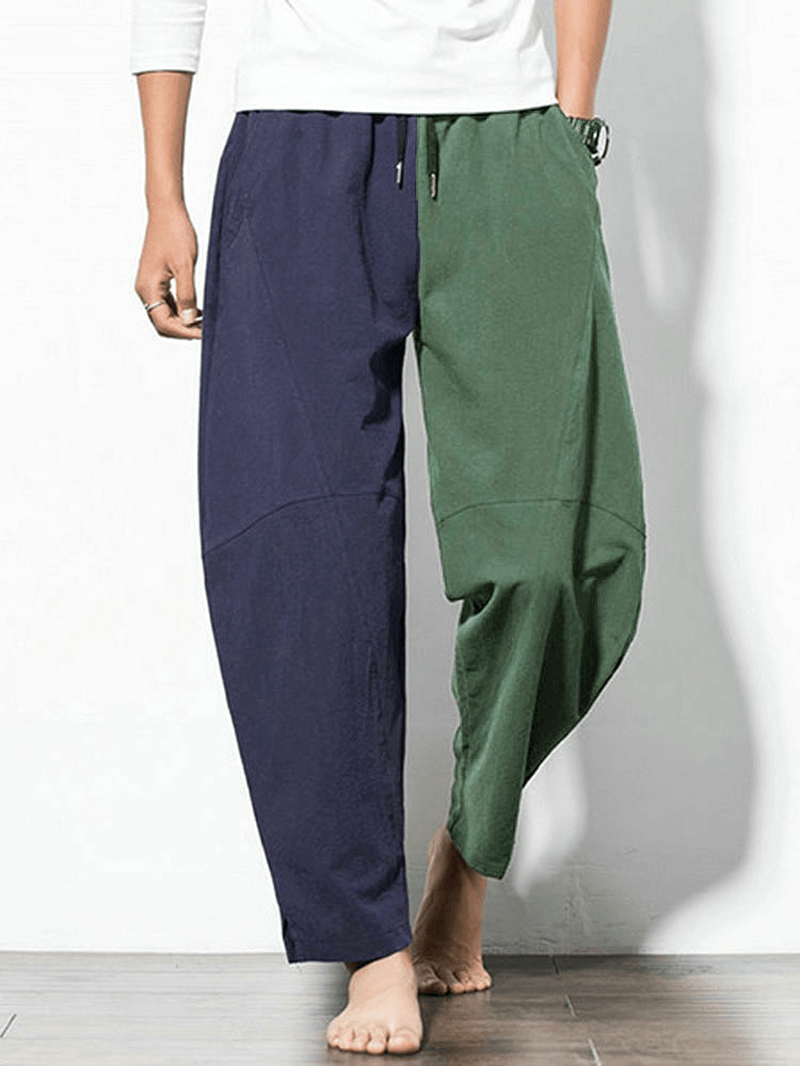 Mens 100% Cotton Patchwork Elastic Waist Pants