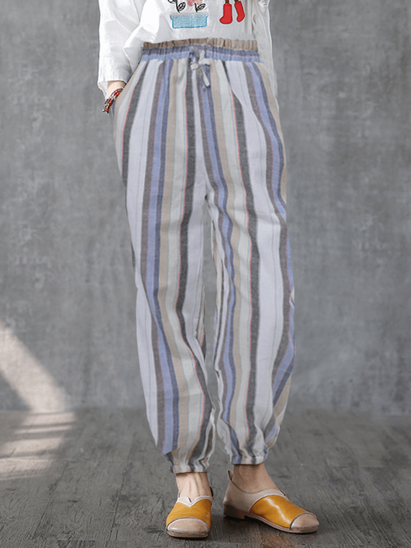 Women Casual Striped Elastic Waist Trousers Pants