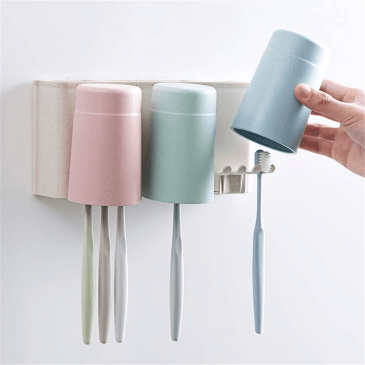 Multifunctional Wheat Straw 6 Toothbrushes Holder 2 Cups Suction Stand Home Bathroom Wall Mount