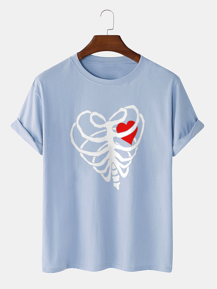 Mens Casual Heart-Shaped Skeleton Cotton Hem Cuff T-Shirt