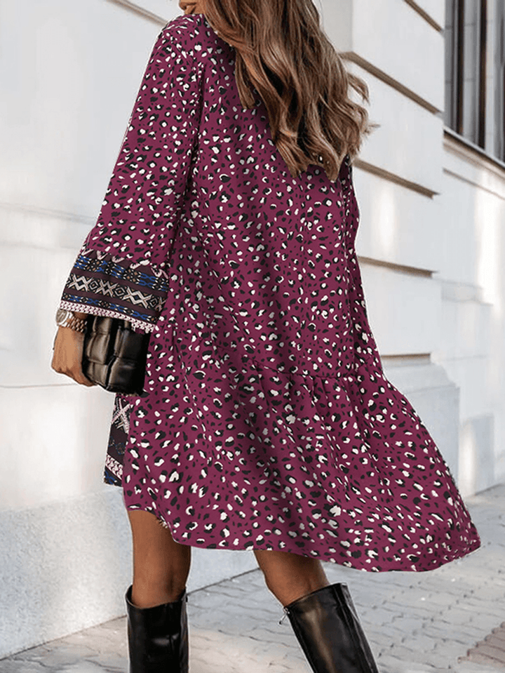 V-Neck Full Sleeve Floral Printed Bohemian Loose Dress for Women