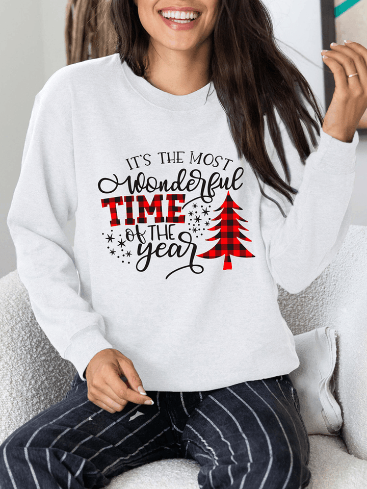 Women Christmas Letter Print O-Neck Drop Shoulder Loose Pullover Sweatshirts