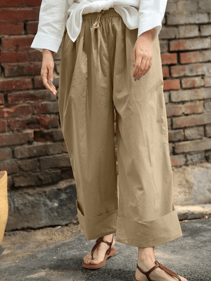 Women Casual Drawstring Waist Solid Holiday Vintage Wide Leg Pants with Pockets