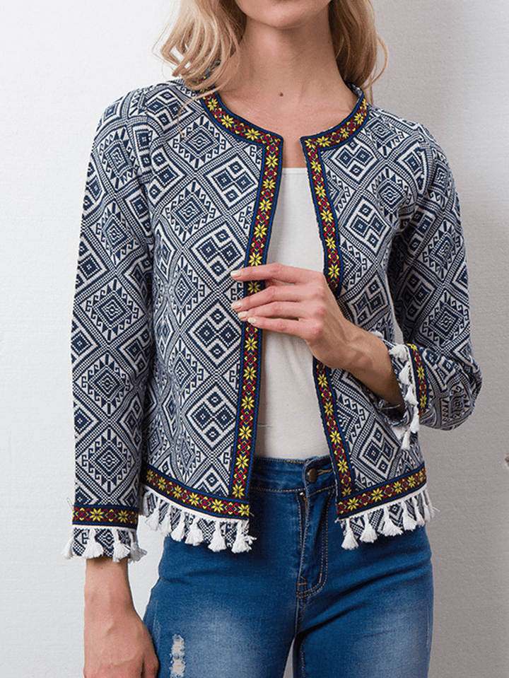 Ethnic Print Tassel Long Sleeve Coats