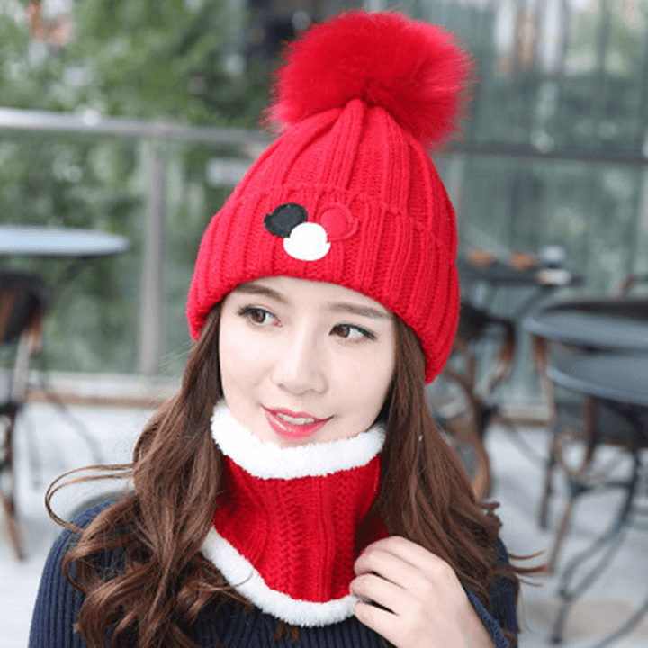 Women Windproof Thicken plus Velvet Knit Hat Scarf Set Winter Earmuffs Beanie Cap - MRSLM