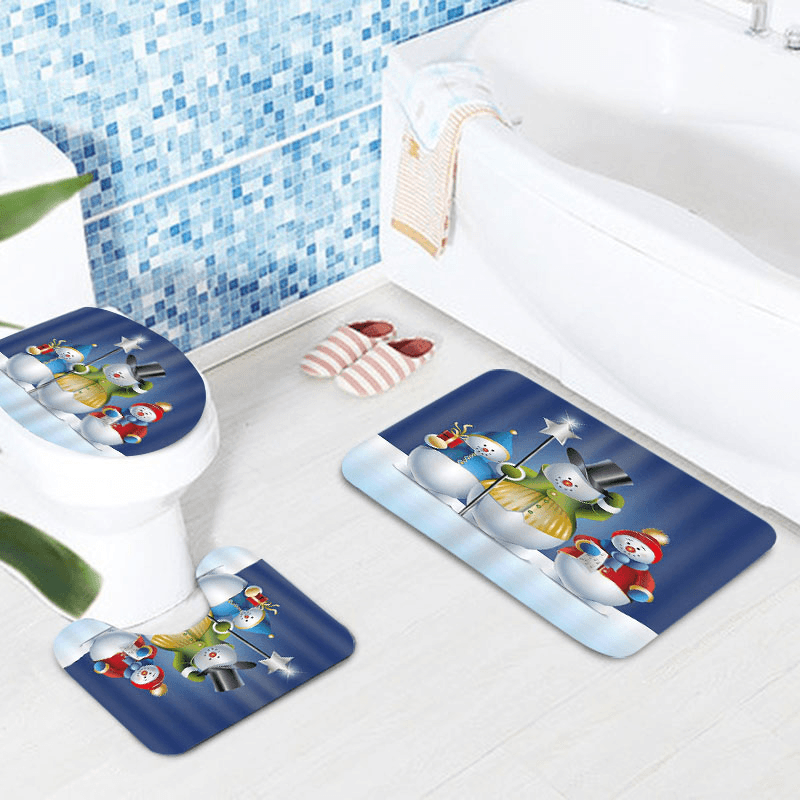 Bathroom Christmas Snowman Shower Curtain & 3PCS Mat Set Toilet Cover 180*180CM