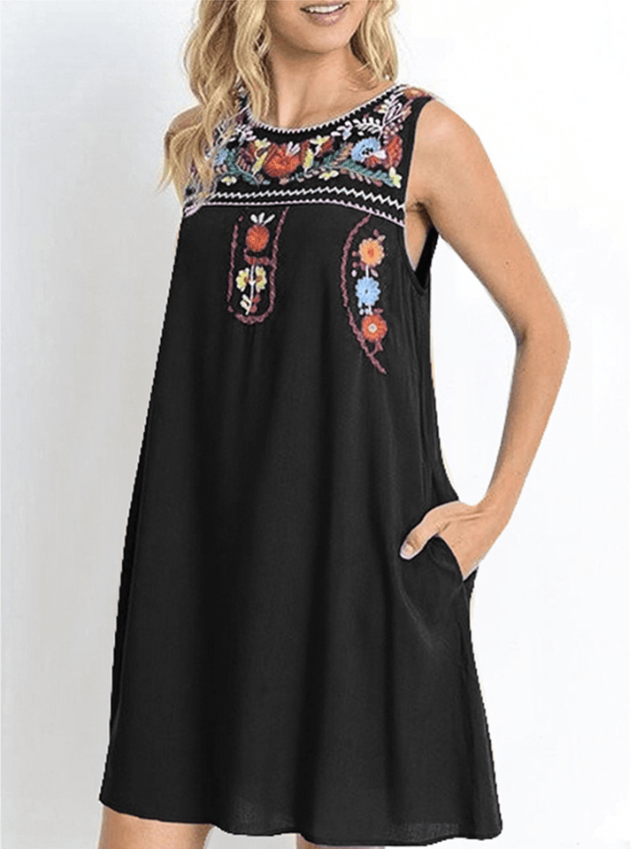 Flower Embroidery Crew Neck Sleeveless Loose Midi Dress with Pockets