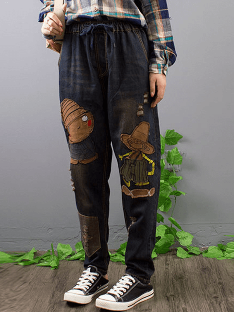 Embroidery Patchwork Elastic Waist Denim Jeans