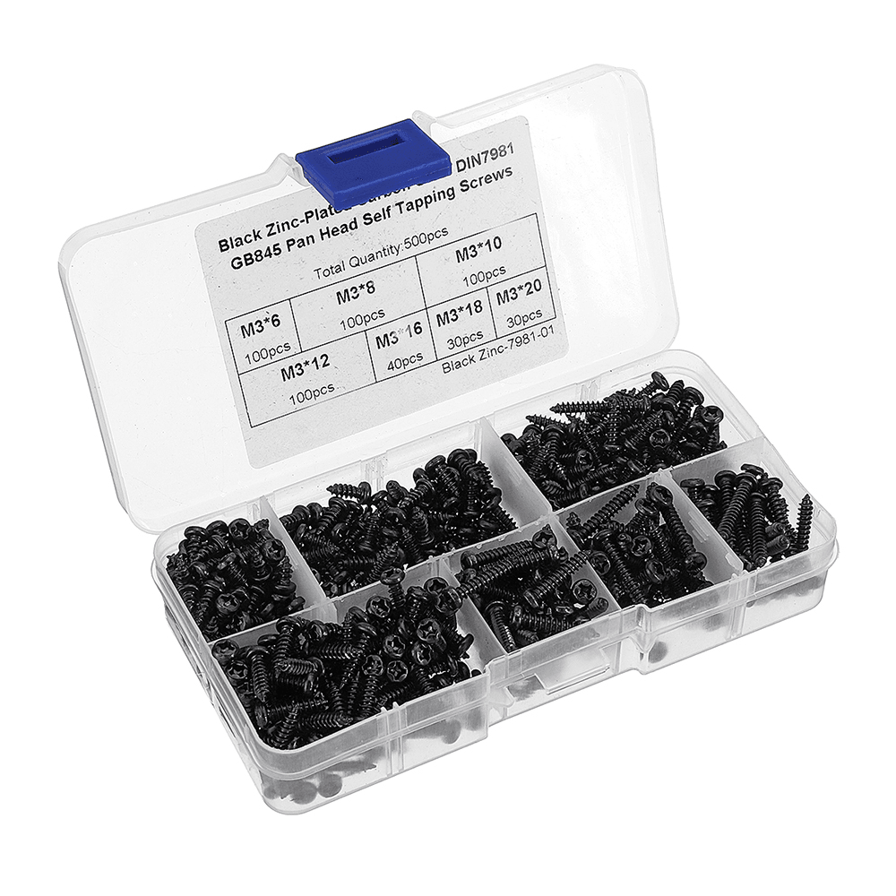 Suleve‚Ñ¢ M3CP1 500Pcs M3 Phillips Screw Black Zinc-Plated Carbon Steel Pan Head Self Tapping Woodworking Screws Assortment Kit