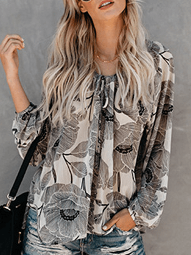 Women V Neck Boho Floral Print Blouse