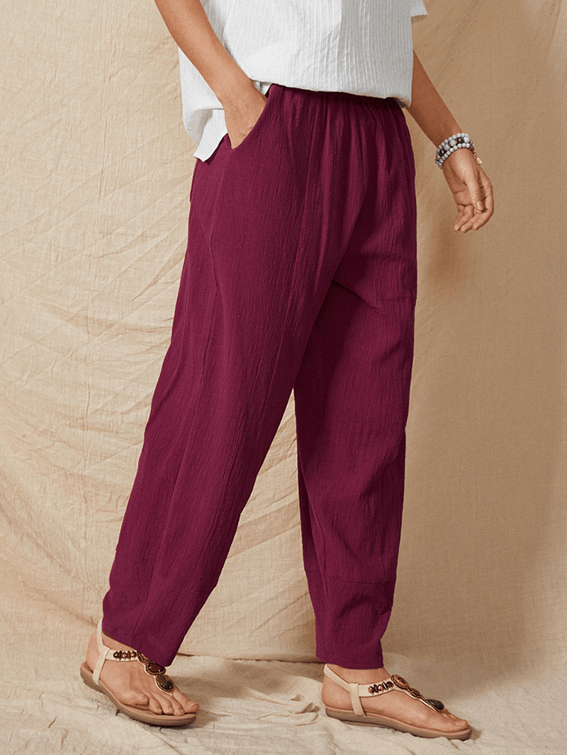 Elastic Waist Solid Color Side Pocket Cotton Casual Harem Pants for Women